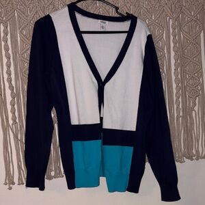 Izod Colorblock V-Neck Cardigan in Navy, White & Teal